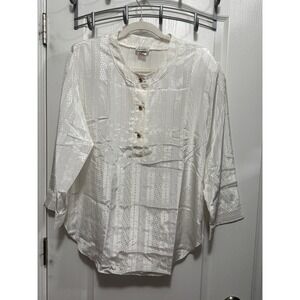 Vintage 90s Linda Button Up Blouse Women's M white gold print classic preppy